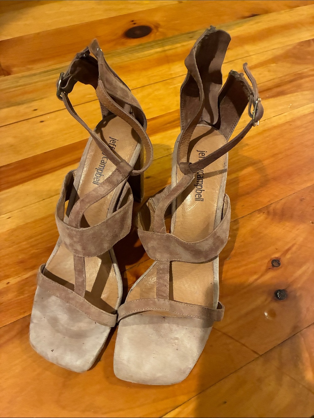 Jeffrey Campbell Taupe Suede Strappy Block Heels